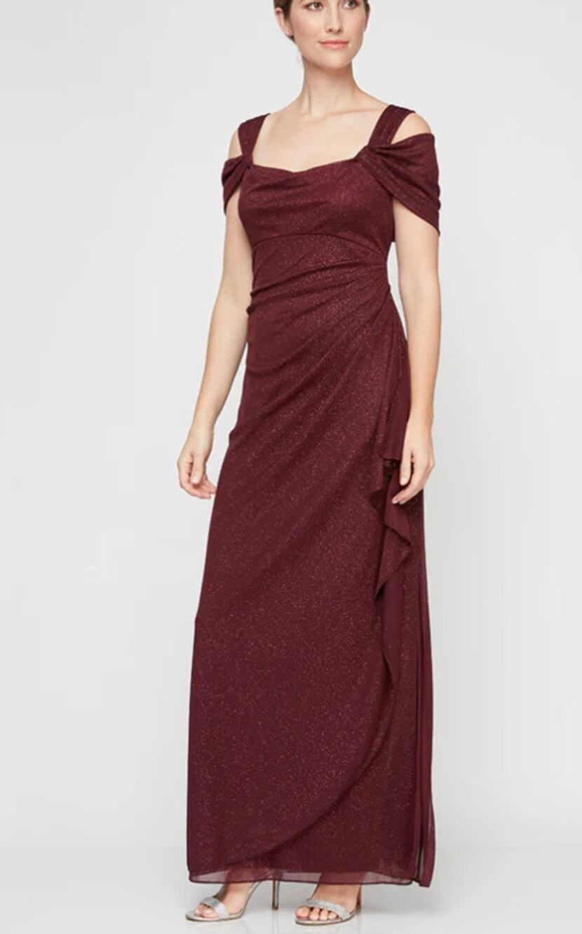 Alex Evenings Hannah Dress Glitter Off Shoulder Rouched Dark Red 14
